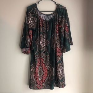 Emma Rose Emerald Green Paisley Dress Flowy Sleeves L/XL